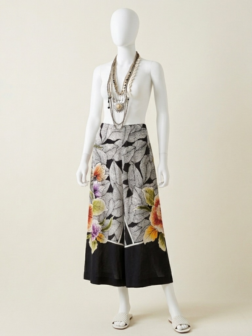 High-Waist Floral Print Wide-Leg culottes - Black Multi